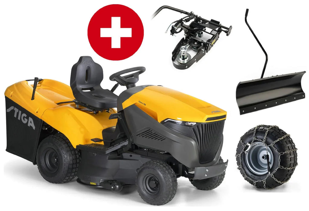 Stiga Rasentraktor Estate 798 Winterpaket mit 120 cm Schneeschild, PTO-Kit und Schneeketten